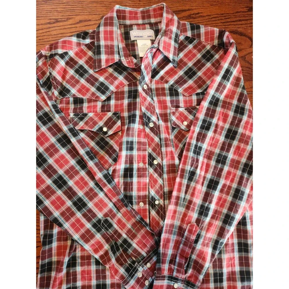 Wrangler Wrancher Shirt Mens M Red Plaid L/S Pearl Snap Flannel Pockets‎ Western